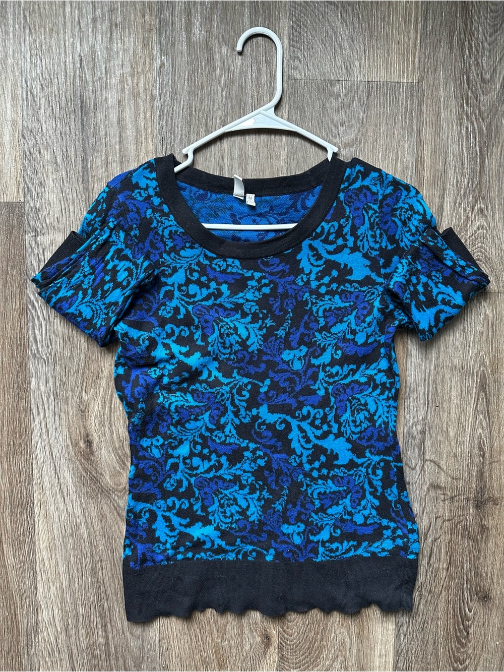Madison Blue Black Floral Damask Knit 3/4 Sleeve Top Blouse Size Medium